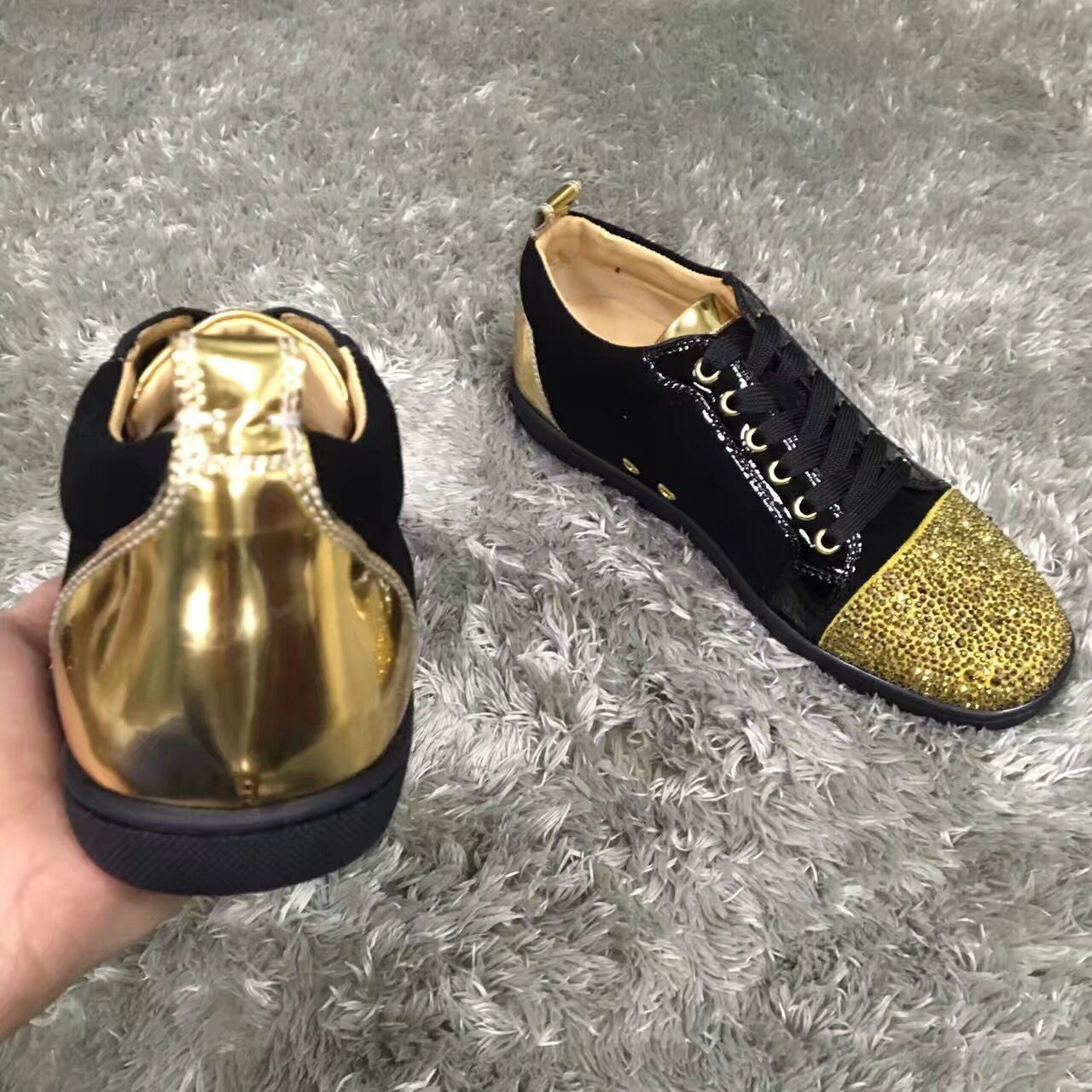 Vente pas cher noir en cuir suédé Or Toe femmes, strass Hommes Red Sneakers Bas Chaussures Junior Confort à lacets Parti marche Casual mariage