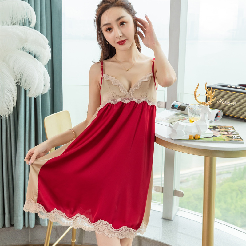 

Contrast Color Backless Lace Women's Nightdress Summer Imitation Silk Strap V-neck Loose Satin Nighty Multicolor for Choose, Black