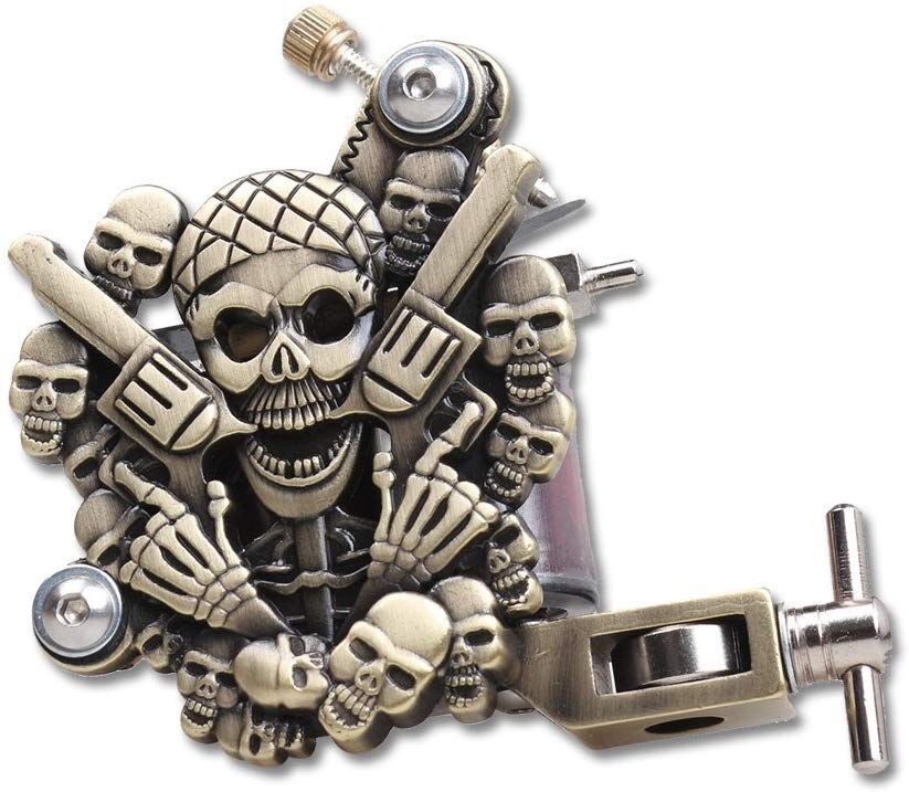 Skull Empaistic Tattoo Machine Gun Brass Color for Liner and Shader 10 wrap coils Kit Supply-image-122293944
