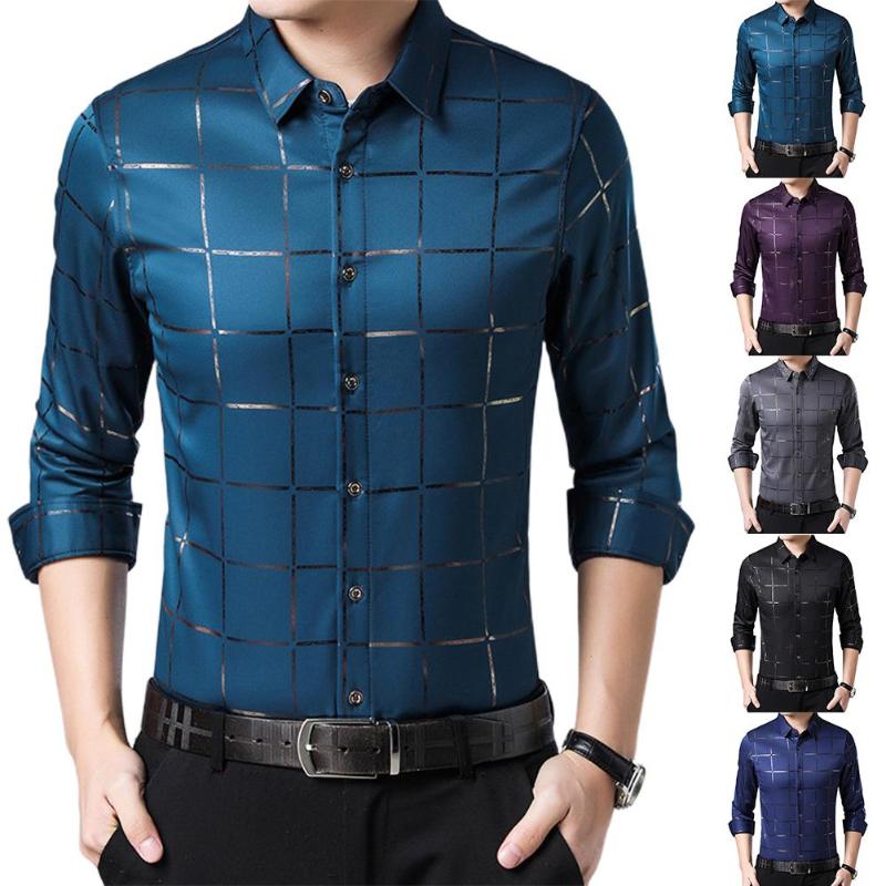 

Plus Size Men Casual Long Sleeve Turn Down Collar Checks Buttons Slim Shirt Turn Down Collar Checks Buttons Slim Shirt, Black