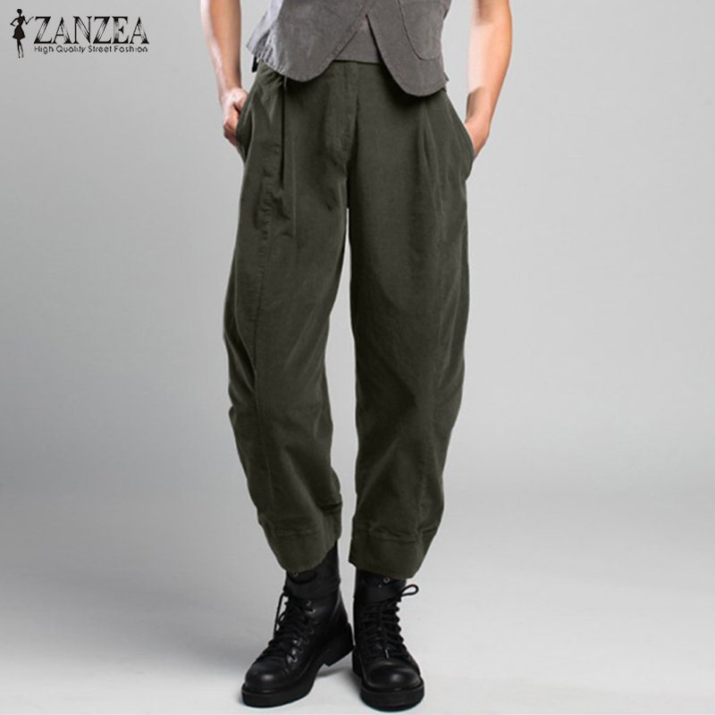 

5XL ZANZEA Women Trousers Fashion Streetwear Pants Overalls Solid Zipper High Waist with Belt Long Cargo Pantalones Female, Black