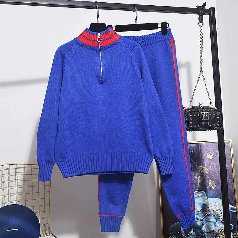 

2020 Spring New Women Hit color Stand collar Fashion Knitted Sweater Tops + Casual Pants Two Piece Set Women Clothing Tide D3607, Blue