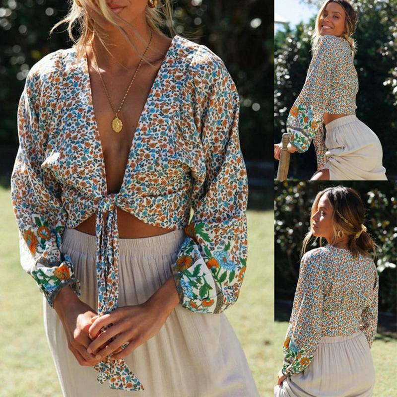 

bluzka damska vintage ropa mujer plus size blouse women Casual V Neck Floral Print Long Sleeve Blouse Tops blusas mujer de moda, Multi