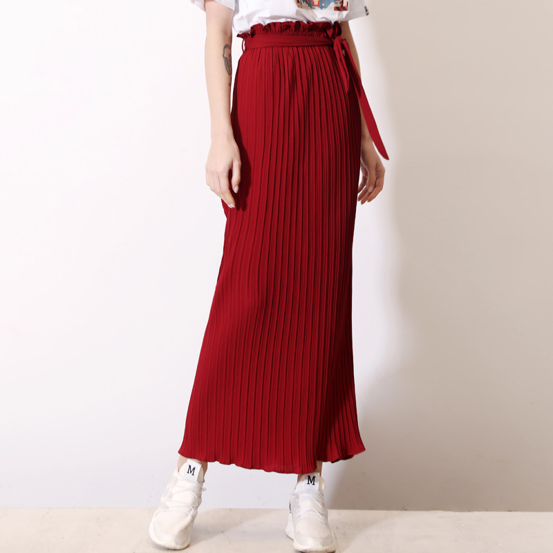 

Pearl Diary Spring Summer Pleated Skirt Womens Vintage High Waist Solid Long Skirts, Black