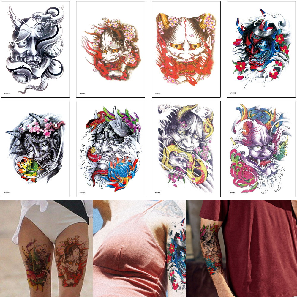 

Half Flower Arm Tattoo Body Art Sticker Demon Maple Leaf Lotus Flower Snake Design for Fashion Woman Man Waterproof Temporary Tattoo 21x15cm