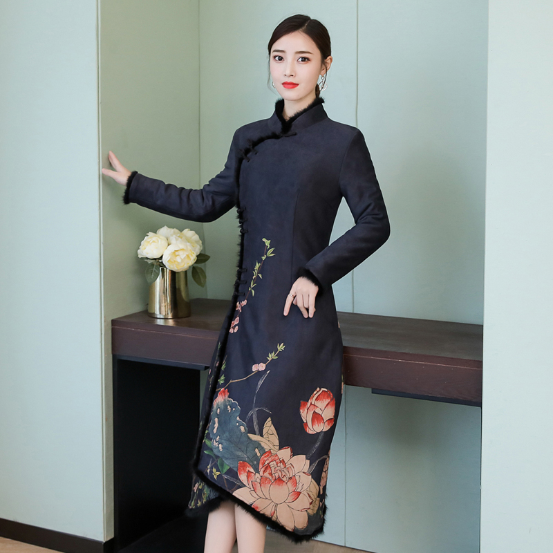 

New Winter Warm Traditional Chinese Dresses Cheongsam Long Qipao Dress Sexy Tang Costume Lady Banquet Qipao for Women, As the picture show