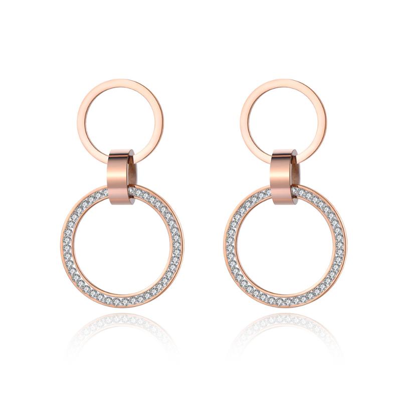 

Stud Fashion Double Circle Stainless Steel Earrings Rose Gold Handmade Clay White Crystals Ear Jewelry For Women JE19010