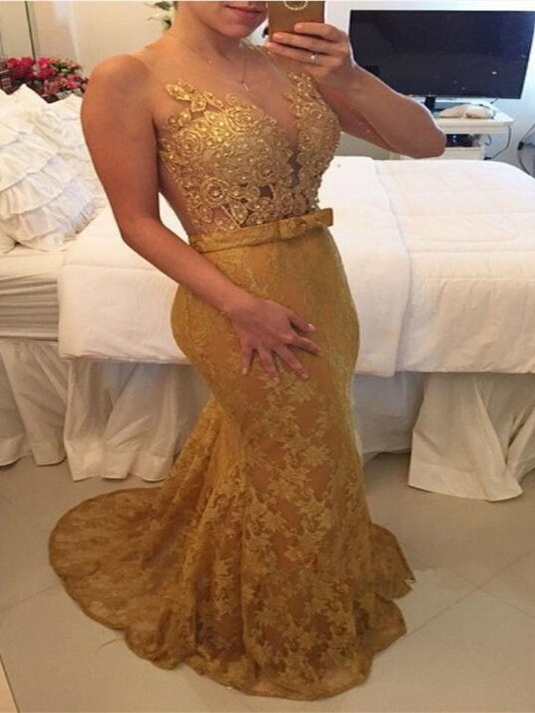 

Gold Mermaid Prom Dress 2019 Lace Appliques Beads Elegant Evening Gown Sleeveless robes de soirée Mother Of The Brides Dress