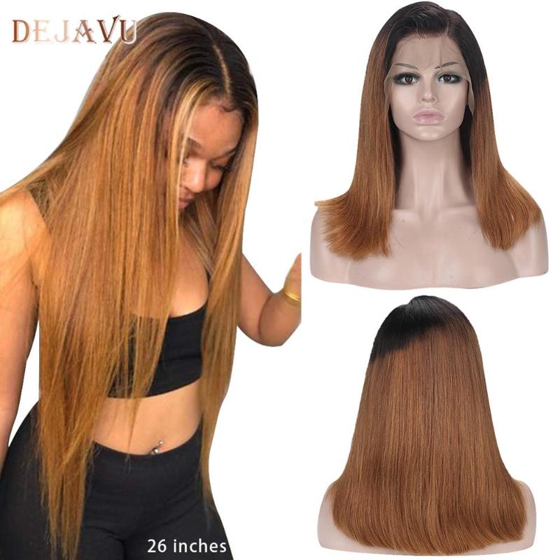 

Dejavu Ombre Highlight Lace Front Human Hair Wig 130% 150% Brown Brazilian Remy Straight Hair 13x4 Lace Frontal Wig for Women, As pic