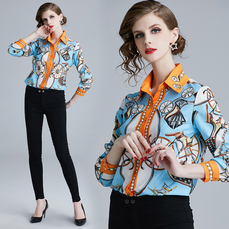 

2019 Quality Fashion Runway Blue Blouses Women Plus Size Retro Print Long Sleeve Lapel Neck Button Ladies Designer Shirt Office Elegant Tops, Customize