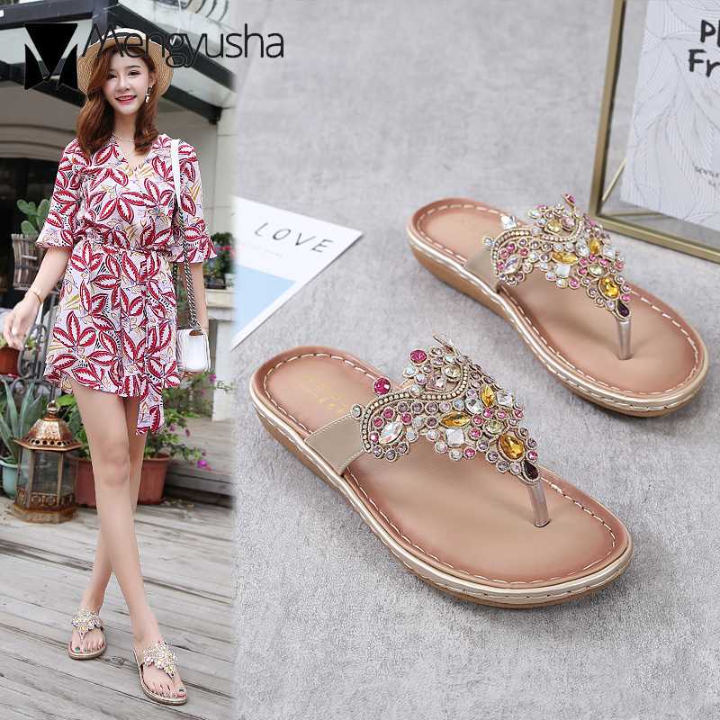 

crystal beading jandal sandals women gold/silver flip flops sewing soft bottom beach slippers female rhinestone sandalias mujer