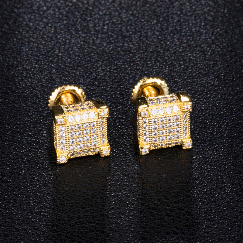 

Hip Hop Full Diamonds Ear Studs for Men Yellow White Gold Plated Stud Earrings Nice Gift for Friend