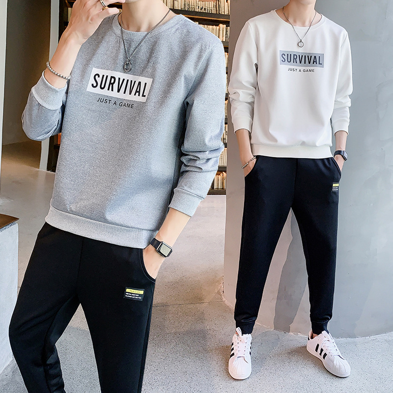 

Spring And Autumn Men's Casual Sports Suit Korean-style Slim Fit O Neck Crew Neck Pullover Long Sleeve T-shirt Hoodie Pants Two, Black