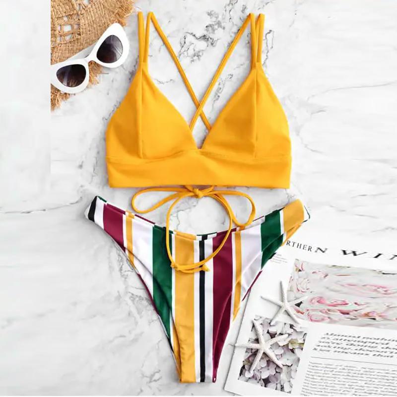 

Sexy Striped Print Bikini 2020 Mujer Swimwear Women Halter High Waist Bikini Push Up Swimsuit Female Maillot De Bain Femme