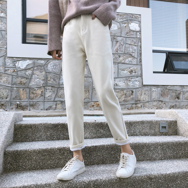 

Harem Jeans Winter Fleece Pants Ankle Length Pant Loose Button Pockets Solid High Waist Flat Women England Street Style, White