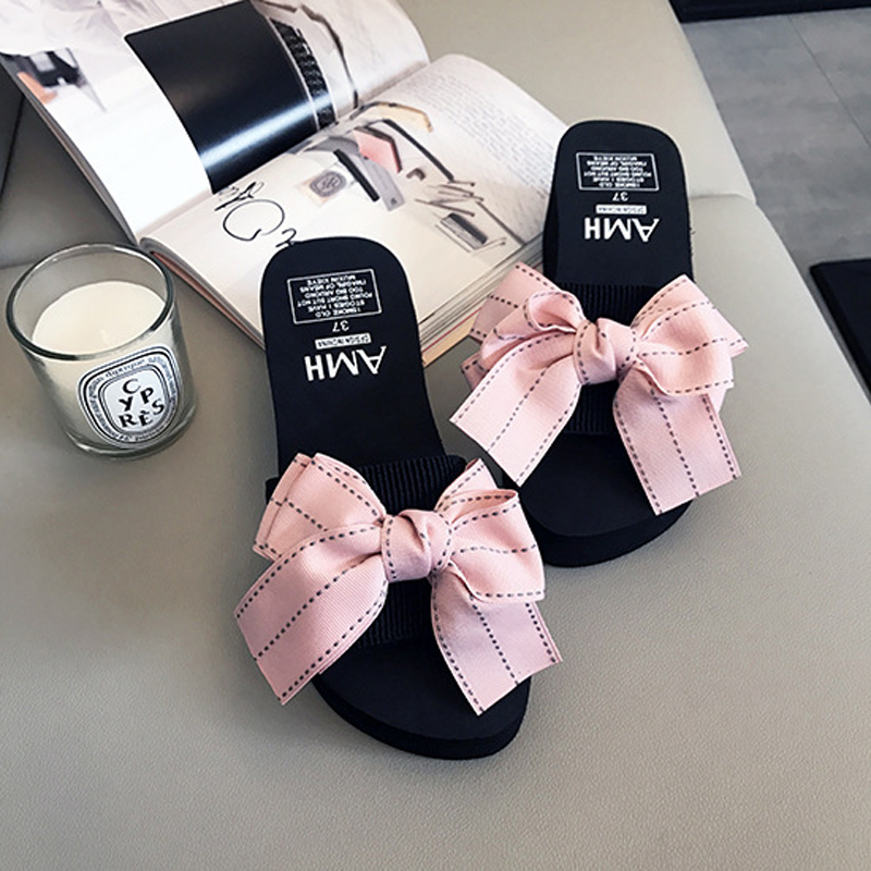 

fashion stripe bow sandals women high heels flip flops ribbon bowtie summer wedges shoes woman platform sandals y245, Pink