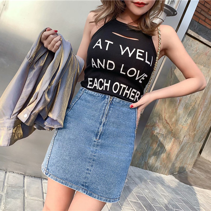 

Summer new street fashion solid color front middle zipper denim skirt women, high waist was thin denim bag hip skirt women, Blue