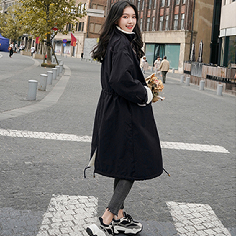 

Coat Women Lambswool Liner Mid-Length Loose Jacket Woman Turn Down Collar Long Sleeve Adjustable Waist Cotton Fashion Coat Women, Black