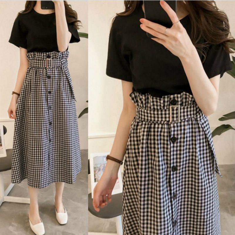 

2019 summer women's new skirt sets short-sleeved Cotton top + belt skirt slim slimming good looking two-piece female l20, Black plaidskirt