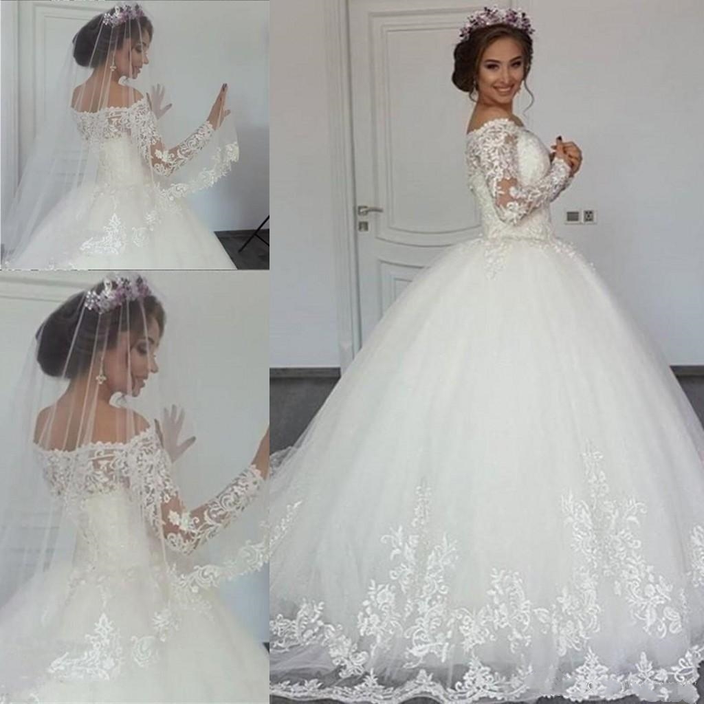 

2020 Luxury Lace Ball Gown Wedding Dresses Off Shoulder Long Sleeve Sweep Train Bridal Gowns Lace Applique Plus Size African Wedding Gowns, White