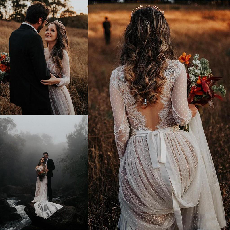 

2020 Bohemian Wedding Dresses With Long Sleeve Sexy V Neck Lace Sweep Train Beach Boho Country Bridal Gowns robe de mariee, White