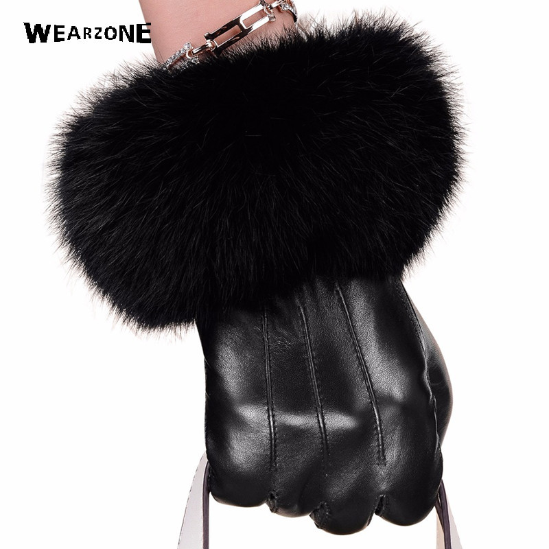 

Winter black sheepskin Mittens Leather Gloves For Women Rabbit Fur Wrist Top Sheepskin Gloves Black Warm Female Driving Gloves CJ191225, Blue;gray