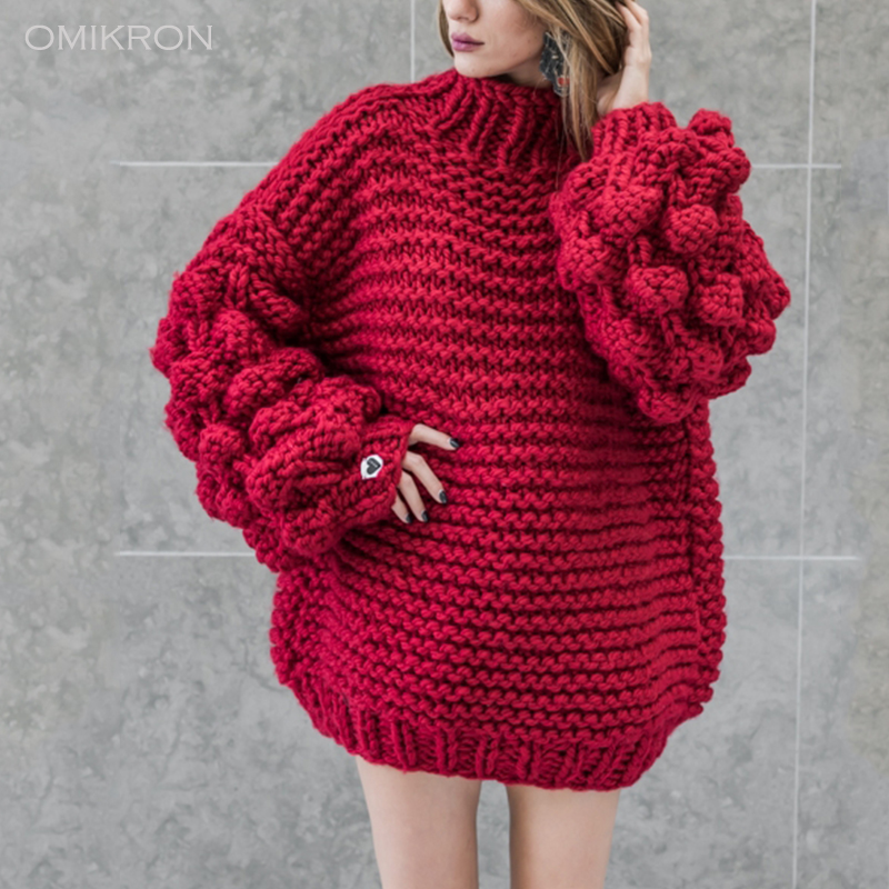 

Women's Sweaters OMIKRON Fashion Women Long Lantern Sleeve Handmade Knitting Casual Knitted Sweater Invierno Loose Pullovers Mujer, Red