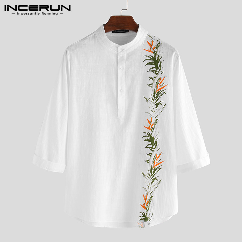 

INCERUN Cotton Printed Shirt Men Half Sleeve Streetwear Stand Collar Casual Tops Breathable Shirts Retro Summer Camisa Masculina, Green shirt