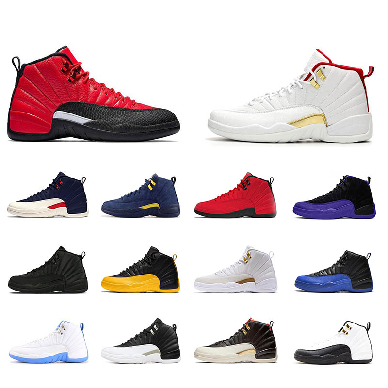 

Dark Concord 12 12s mens Basketball shoes fiba Gym red Game Royal Dark Grey Reverse flu Game men Sports Sneakers size 7-13, Metallic gold-white