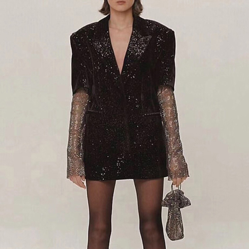 2020 Springl Runway Designer Deep V Neck Sexy Woman Black Blazers Coats Beads Mesh Crystal Long Sleeve Tops