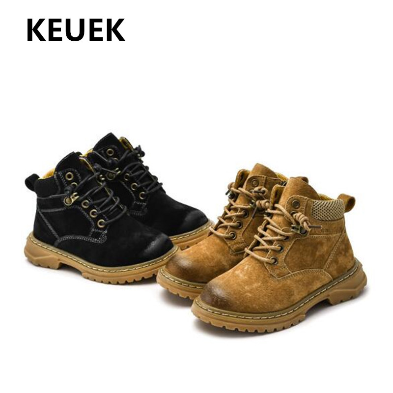 

New Children Shoes Genuine Leather Ankle Boots Boys Girls Autumn/Winter Short Plush Warm Baby Toddler Student Kids Boots 02, Black single boots