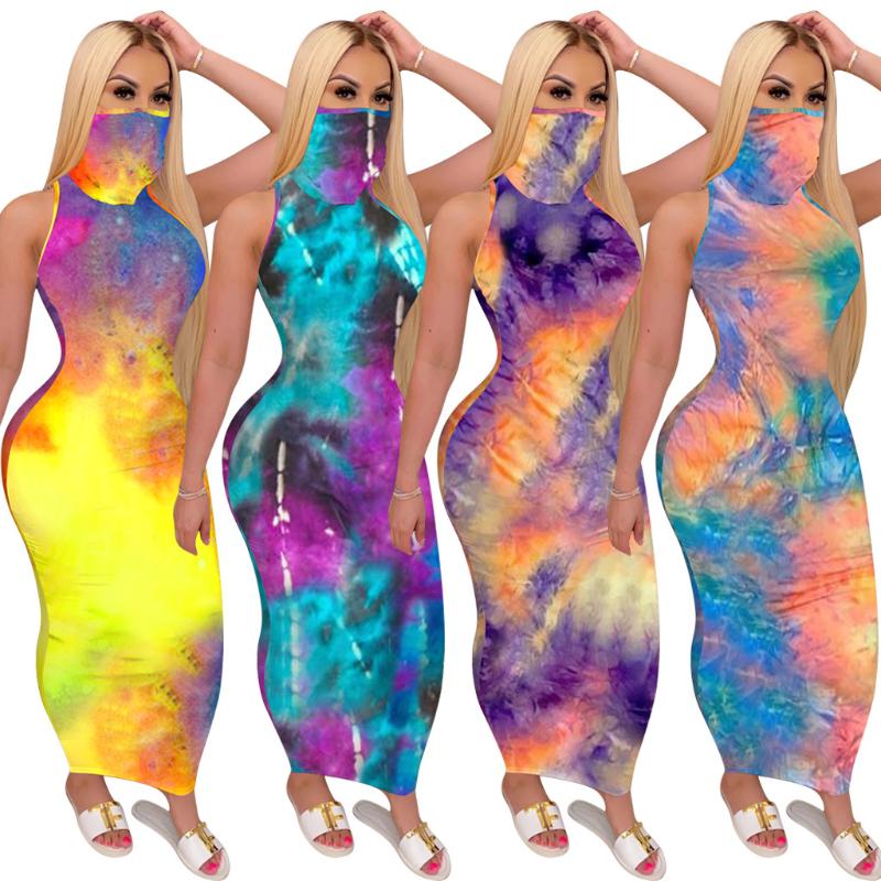 CM.Yaya Femmes Teams d'été Teinture Noir Hole Imprimer avec masque Coulé Sans manches Bodycon Midi Maxi Robe Sexy Party Crayon Robes longues