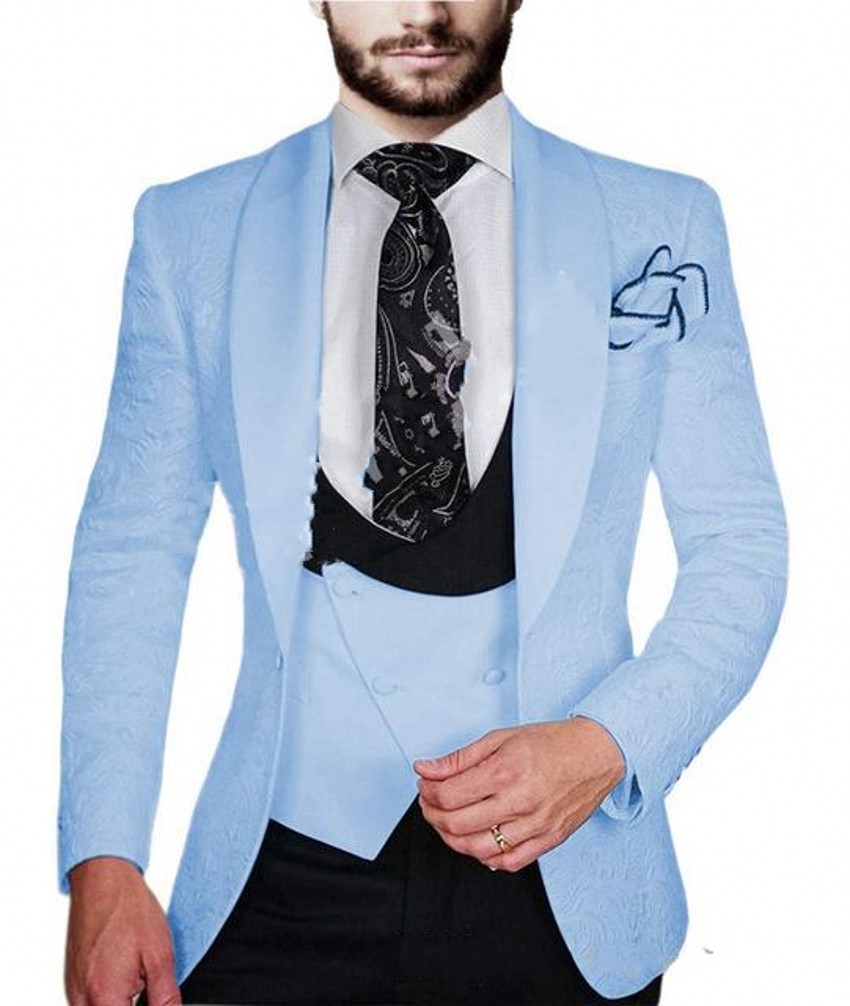 Mode Bleu Clair Gaufrage Marié Tuxedos Châle Revers Marié Blazer Hommes Costumes Formels Costumes De Fête De Bal (Veste + Pantalon + Cravate + Gi