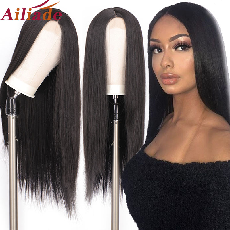 

AILIADE 30"Heat Resistant Synthetic Lace Front Wigs Black Wig Long Straight Hair With Natural Hairline Wig For Women Middle Part