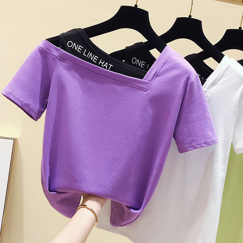 

gkfnmt Fake Two Piece Tops Women T-Shirt Off Shoulder Tshirt Short Sleeve Slash Neck Korea Fashion Summer Cotton Tee Shirt Femme, Purple