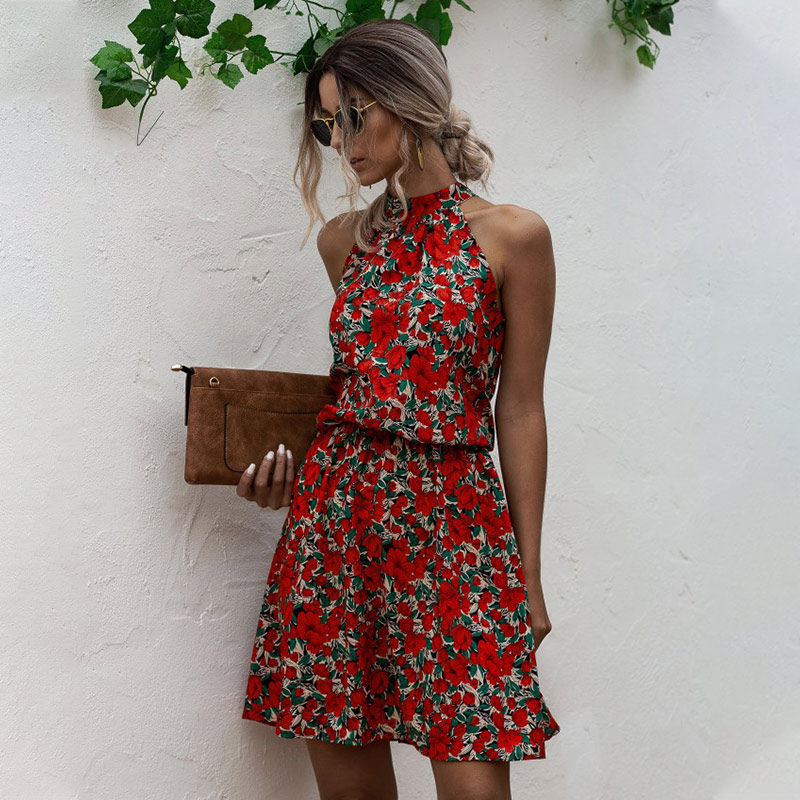 

Vintage Floral Print Women Dresses Casual Sleeveless Ladies Short Vestidos 2020 Summer Halter Lace Up Female Party Mini Dress, Red