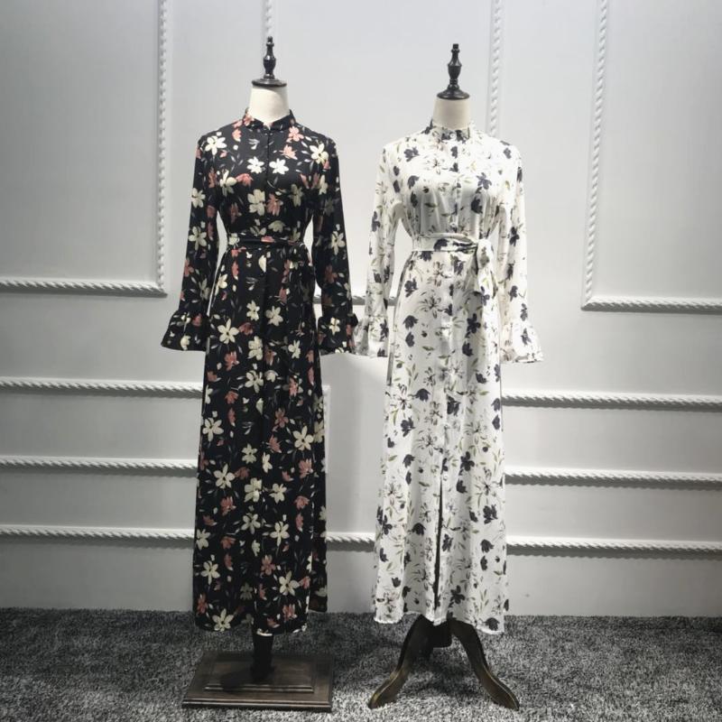 

Abaya Muslim Women Islamic Clothing Ramadan Arab Jilbab Flower Printed With Belt Single-Breast Shirt Dress Long Sleeve Kimono
