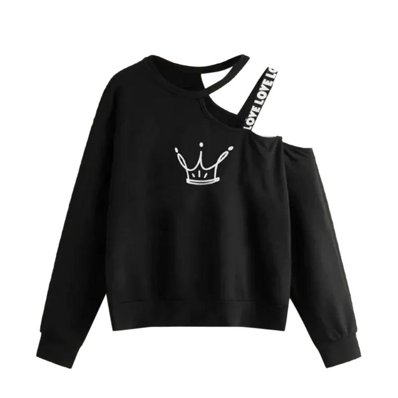 

short sexy slash neck blouse for women Crown print shirt lady long sleeve blouse sexy hollow Collar Street shirt#1014x20, Black