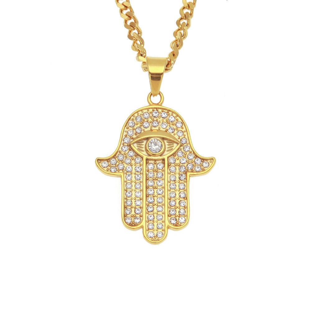 

Fatima Hamsa Hand Pendant necklaces Bling CZ iced out Evil eye charm Cuban chain For women Mens Hip Hop Jewelry, Silver