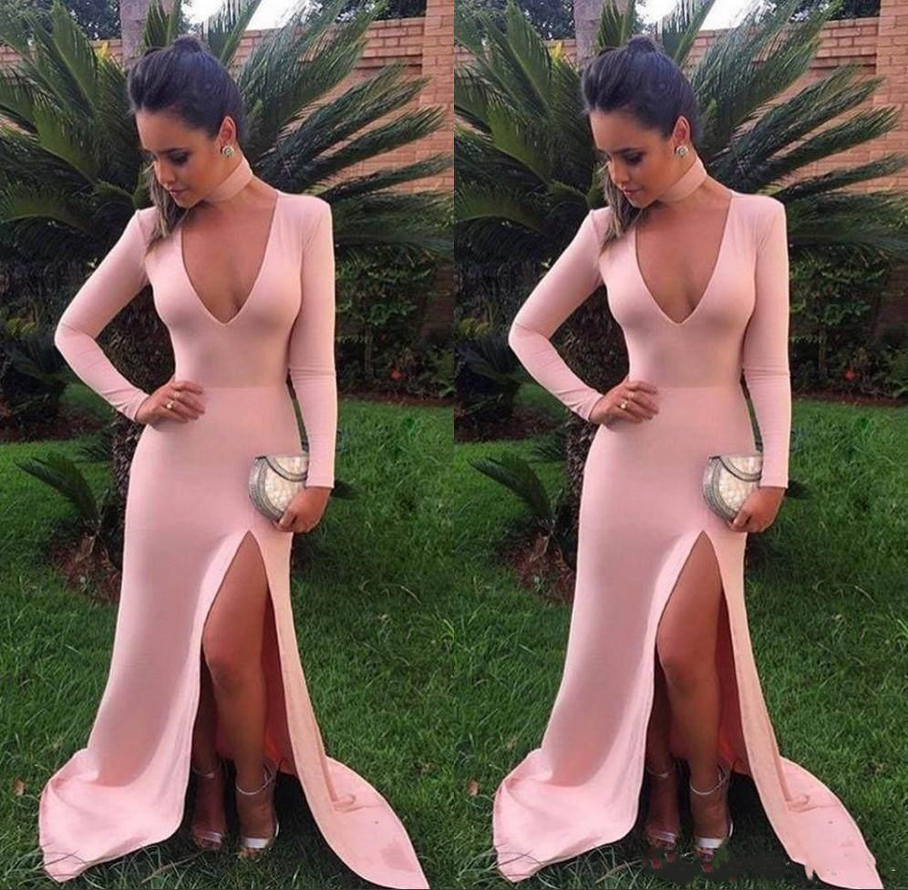 Sexy Deep V-Neck Prom Dresses Elastic Satin Front Split Sweep Train Mermaid Formal Evening Dress Prom Garden Party Gowns