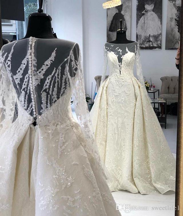 

2020 Elegant Illusion Neck A Line Wedding Dresses Long Sleeve Lace Appliques Beaded Style Bridal Ball Gown Sexy robes de mariée, Ivory