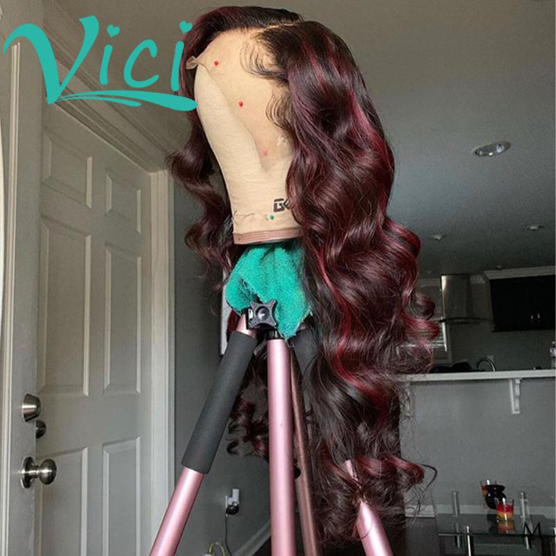 

Ombre Human Hair Wig 13x6 Lace Front Body Wave Wig Burgundy Colored High Light For Black Women Pre Plucked 150 Density Remy, As pic