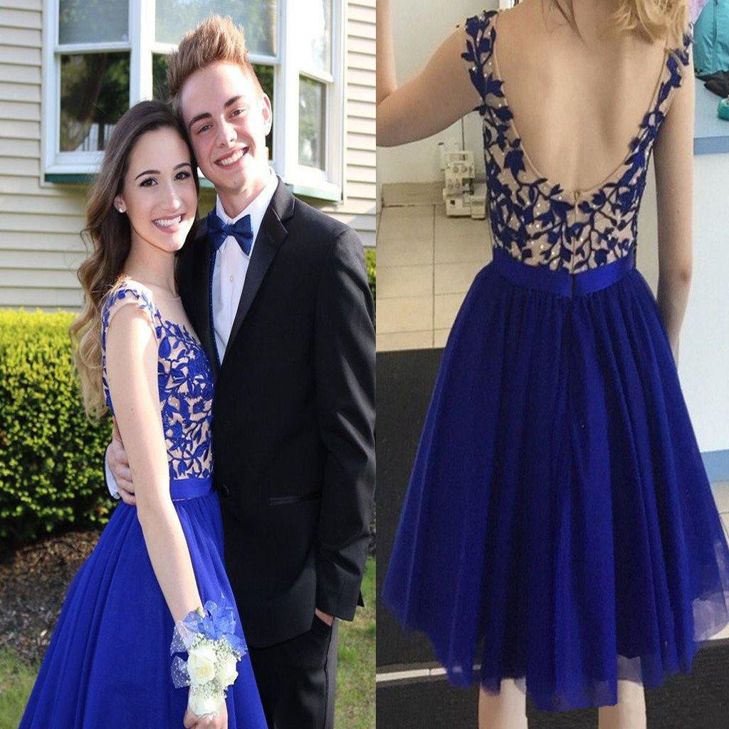 

New Arrival Homecoming Dresses Royal Blue Open Back Elegant Crystal Prom Dresses Lace Applique Short Formal Cocktail Party Gowns A35, Silver