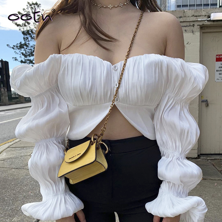 

2020 Spring Sexy Crop Top Solid Latern Sleeve Fashion Women Blouse Shirt Button Pleated Patchwork Backless Top Female Streetwear, Beige