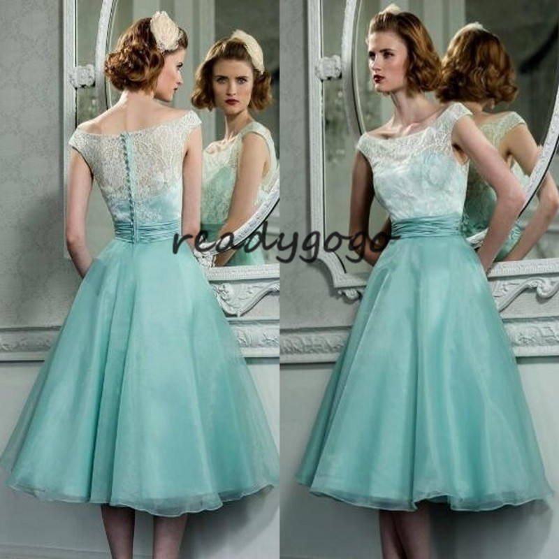 

Vestidos Tea-length Bridesmaid Dresses 2020 Vintage Lace Top Cap Sleeve Mint Green Ruffled Organza A-Line Maid of Honor Gown