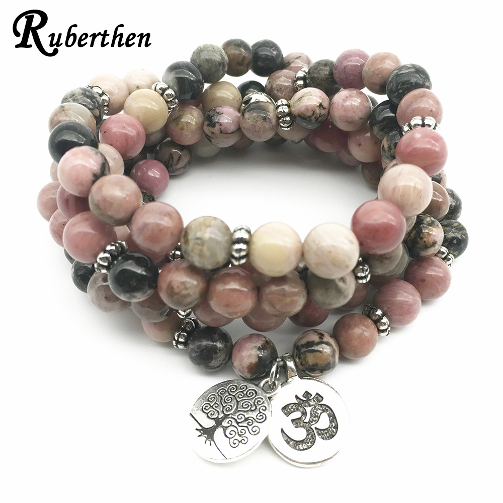 

Ruberthen 2018 Natural Black Vein Rhodonite Bracelet Tree Of Life Ohm Charm Bracelet Healing Beaded Bracelet For Women J190722