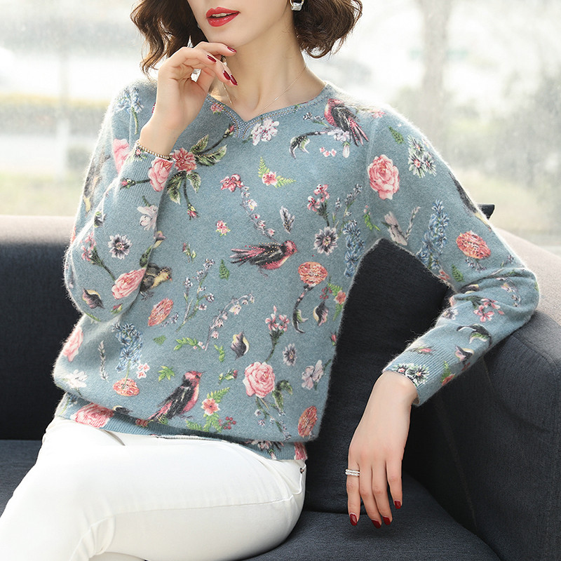 

KQCZ Printed sweater Women 2019 Autumn Winter Sweater Fashion Floral bird pattern Pullover Casual Loose long Sleeves, Green