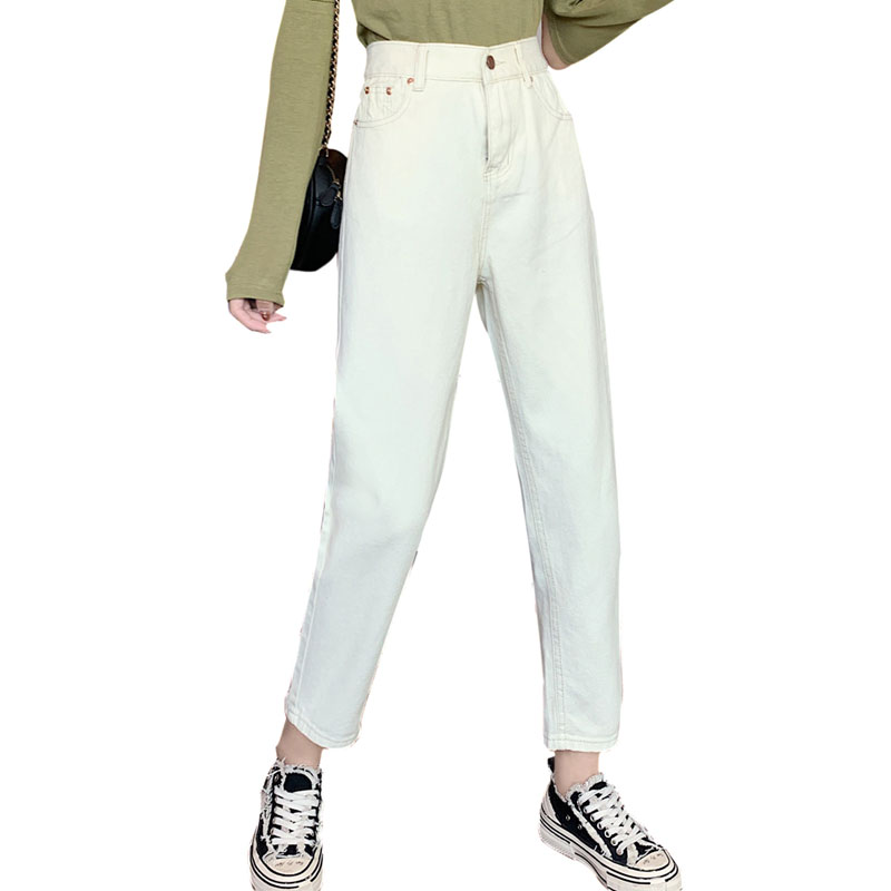 

2020 Spring Wild Korean Loose High Waist Casual Elastic Waist Wide Leg Straight Jeans Women, White