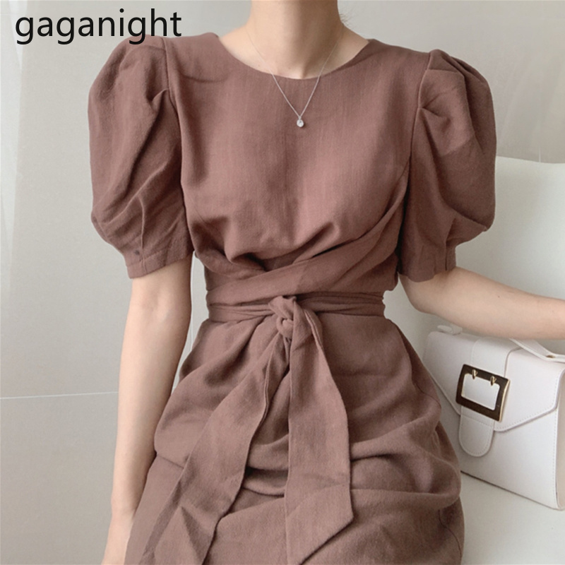 

Gaganight Fashion Women Bodycon Party Long Dress Short Sleeve Lace Up Lady Summer Chic Korean Dresses A Line Solid Slim Vestidos, Apricot