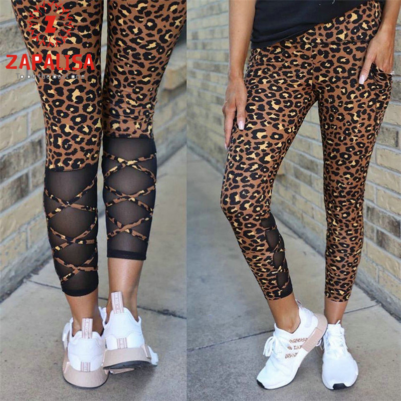 

Women Summer Leopard Print Pencil Pants Mesh Patchwork Design Cross Strap Decor See Through Elastic High Waist Slim Hip Trousers, Multi